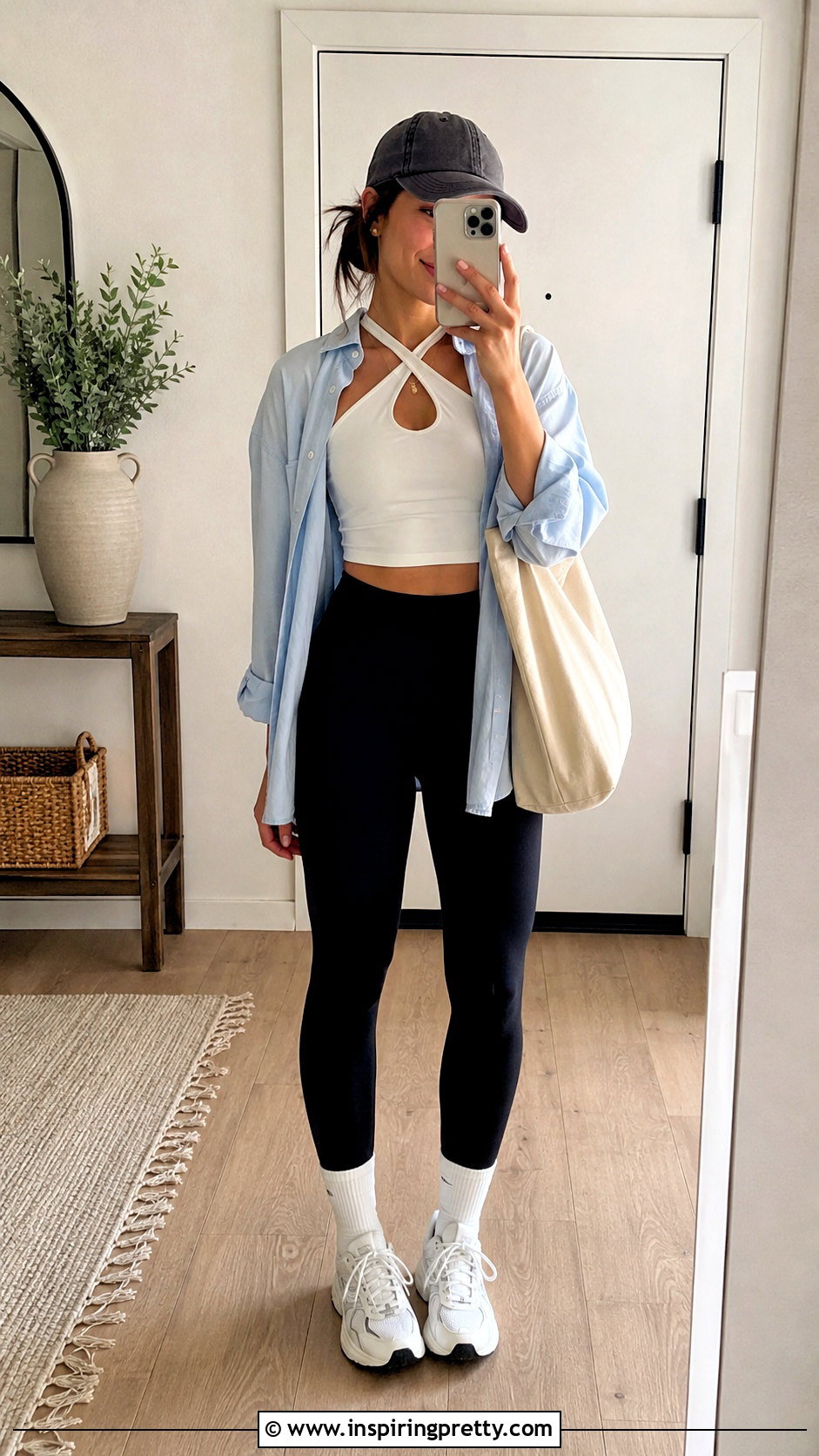White Criss Cross Crop Top With Leggings And Oversized Shirt - 20 white criss cross crop top outfit ideas