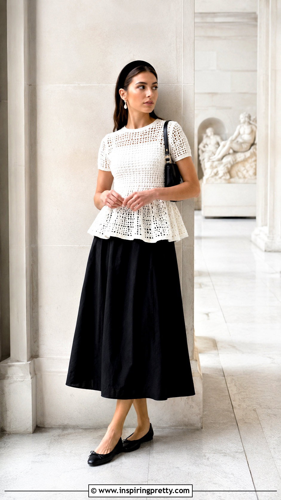 White Crochet Peplum Top With Black Midi Skirt - 20 White Crochet Peplum Top outfit ideas