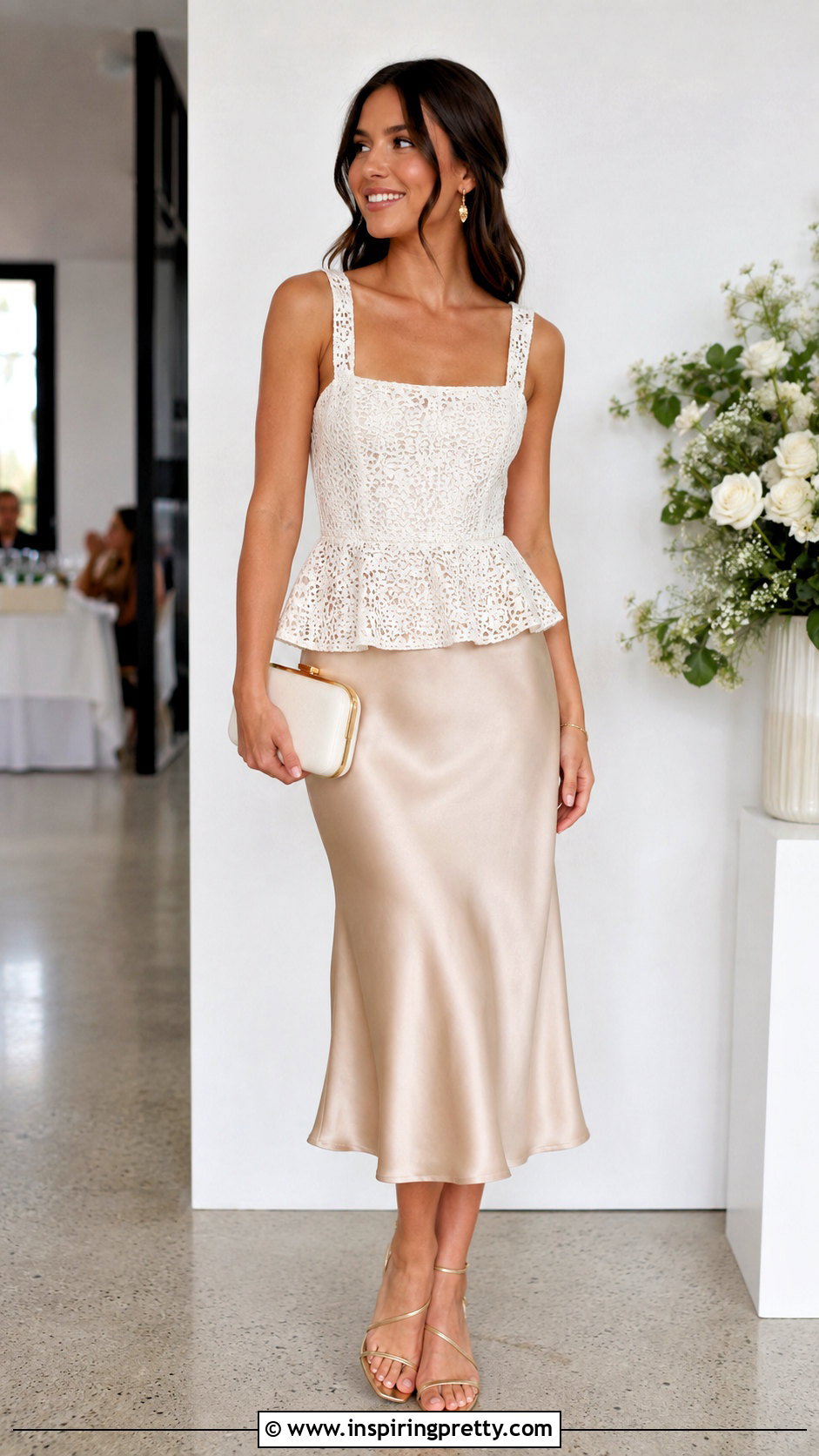 White Crochet Peplum Top With Satin Midi Skirt - 20 White Crochet Peplum Top outfit ideas
