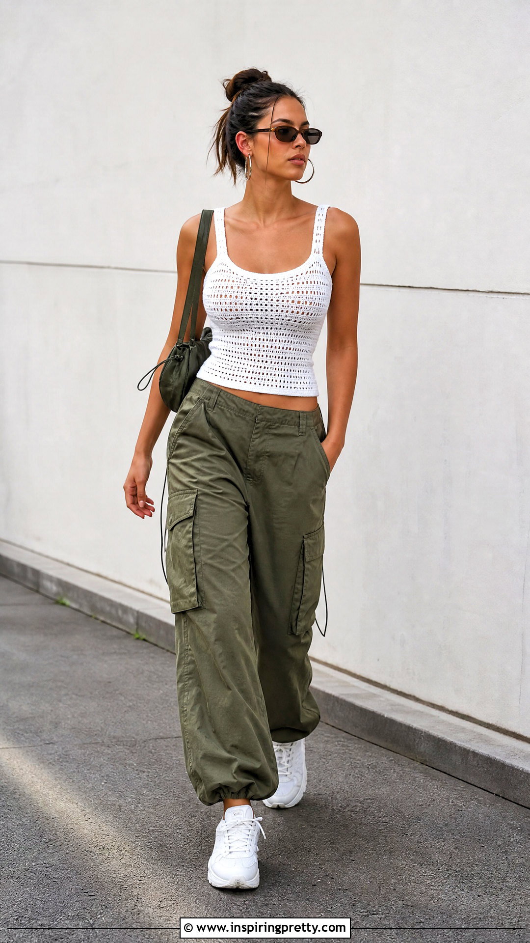 White Crochet Tank Top With Cargo Pants And Sneakers - 20 White Crochet Tank Top Hanging outfit ideas