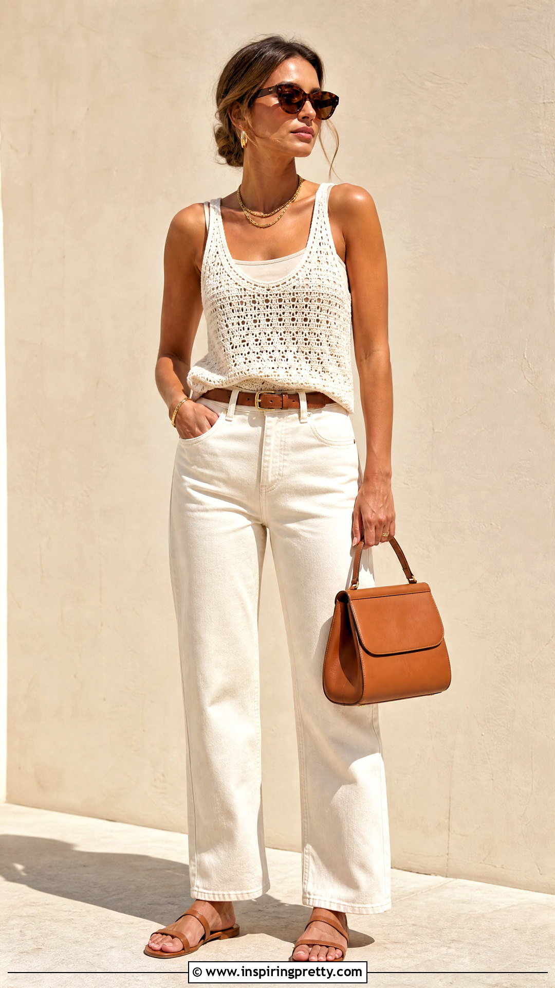 White Crochet Tank Top With White Jeans And Tan Accessories - 20 White Crochet Tank Top Hanging outfit ideas
