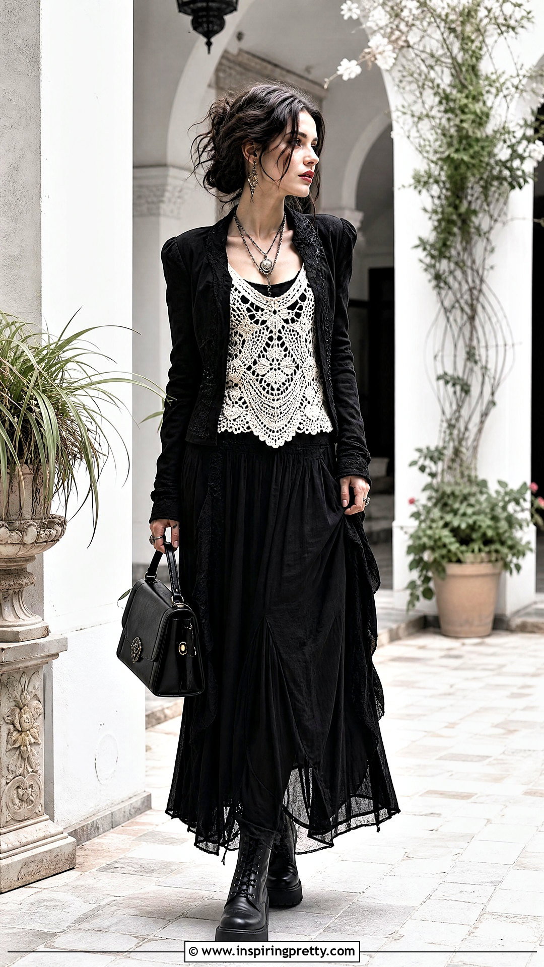 White Crochet Top With Black Maxi Skirt - 50 goth crochet top outfit ideas