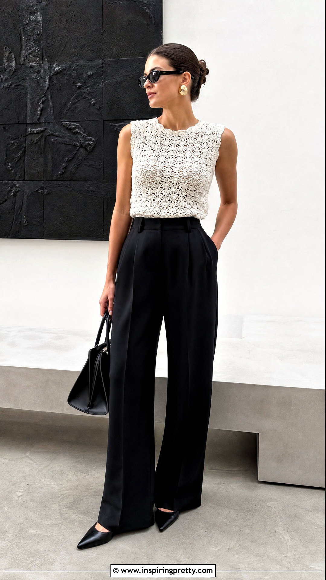 White Crochet Top With Black Tailored Pants - 50 white crochet top outfit ideas