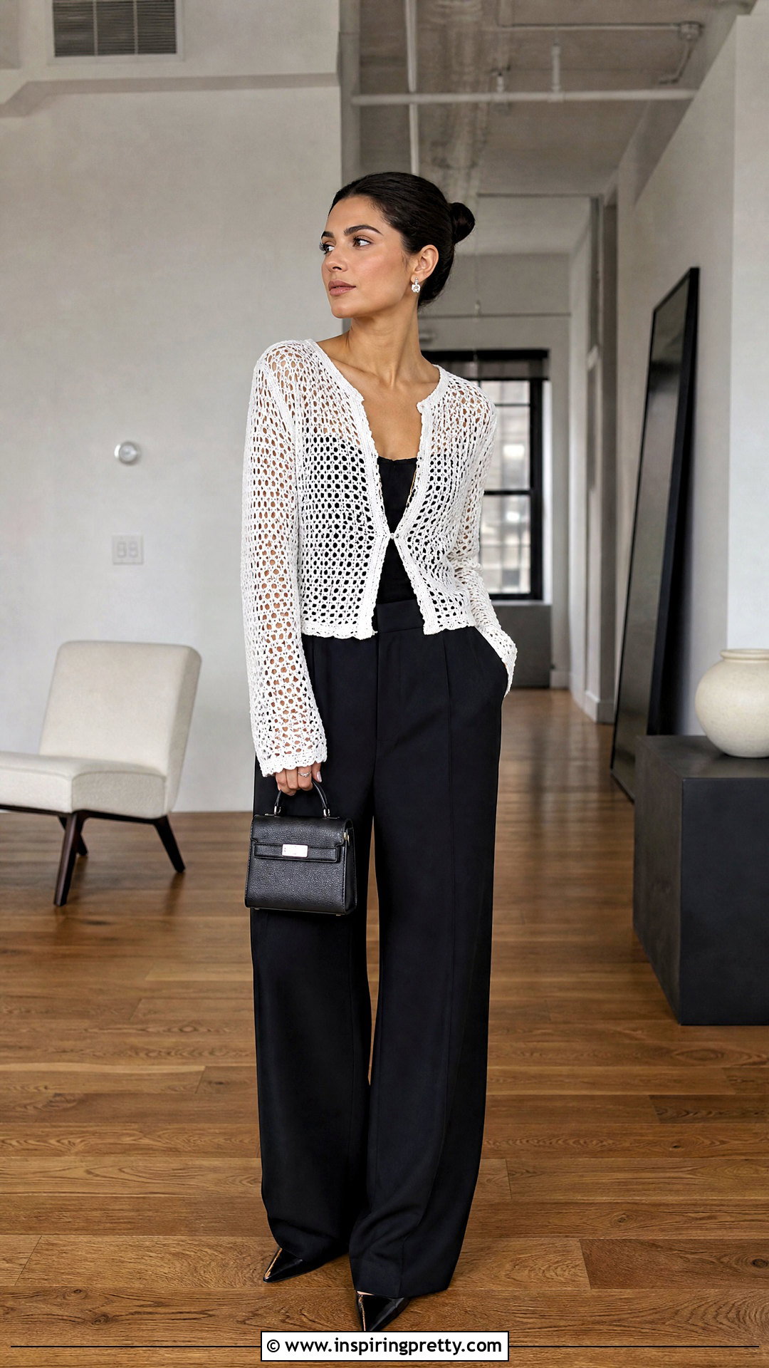 White Crochet Top With Black Wide Leg Pants Outfit - 20 white crochet top on wooden floor outfit ideas