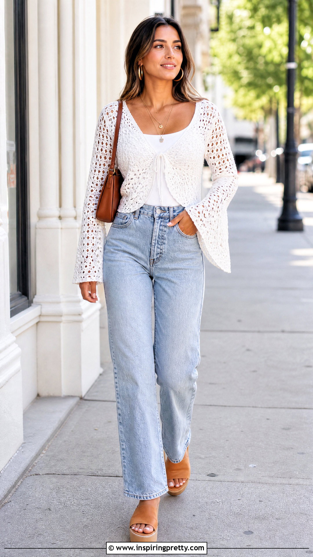 White Crochet Top With Flare Sleeves And High Waisted Jeans - 25 Crochet Top With Flare Sleeves