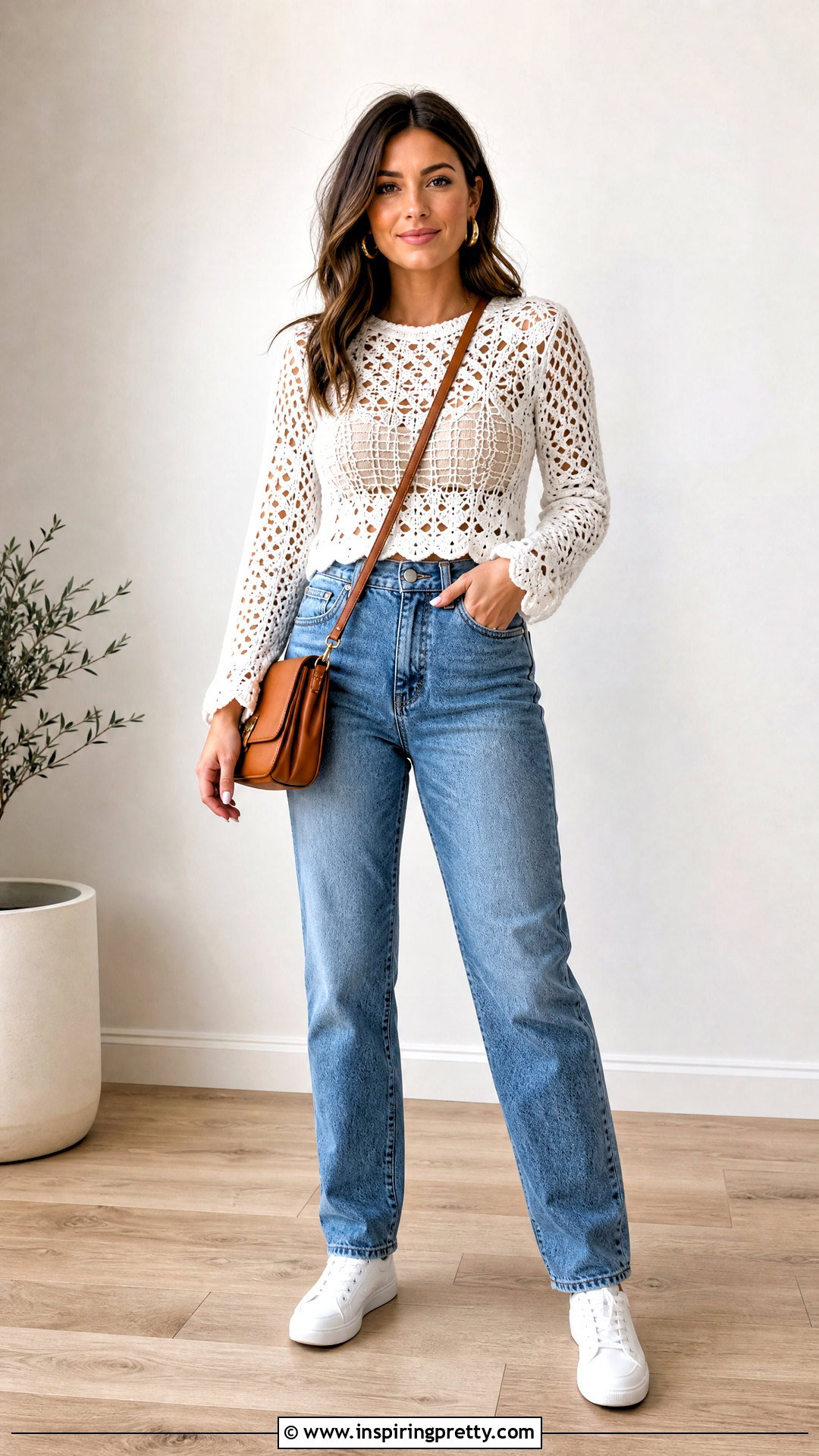 White Crochet Top With High Waisted Jeans Outfit - 20 white crochet top on wooden floor outfit ideas