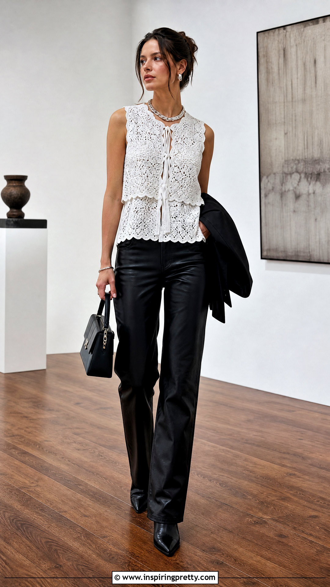 White Crochet Top With Leather Pants Outfit - 20 white crochet top on wooden floor outfit ideas