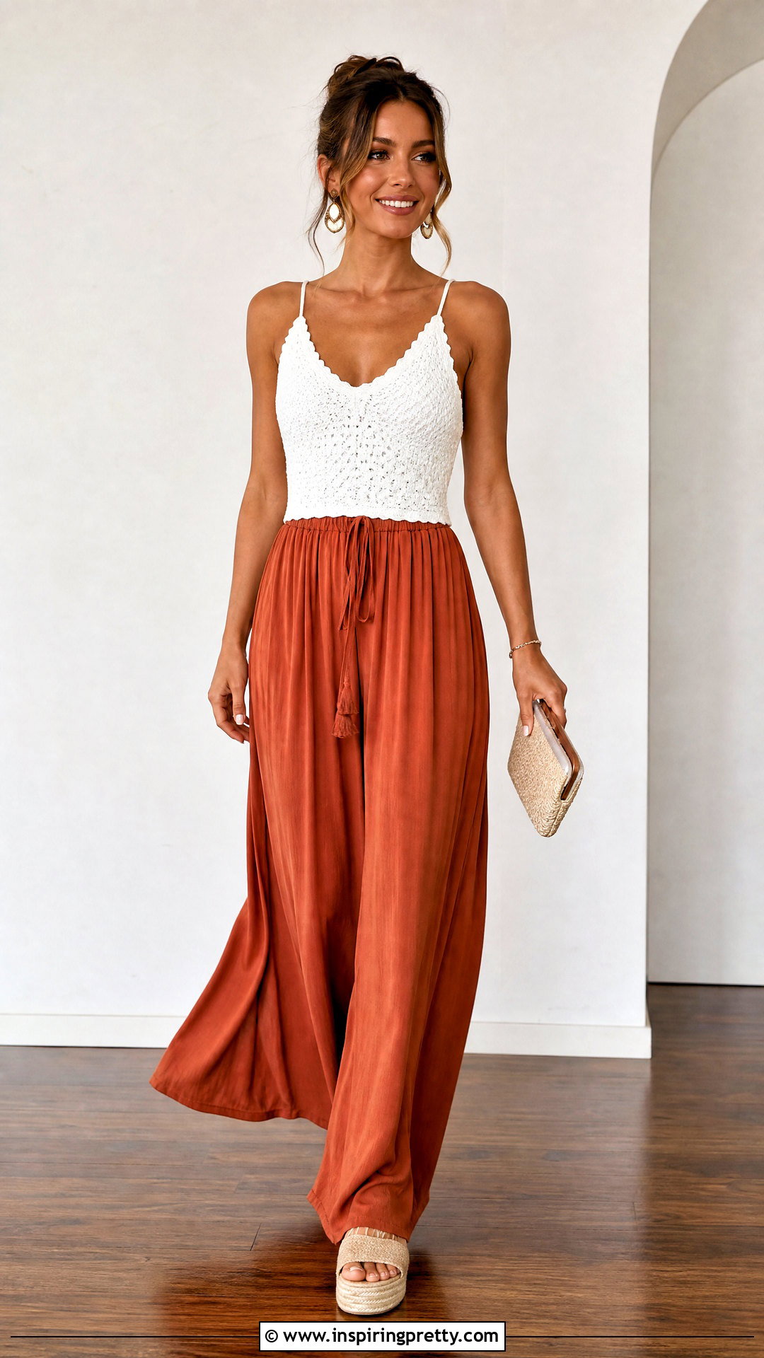 White Crochet Top With Palazzo Pants Outfit - 20 white crochet top on wooden floor outfit ideas