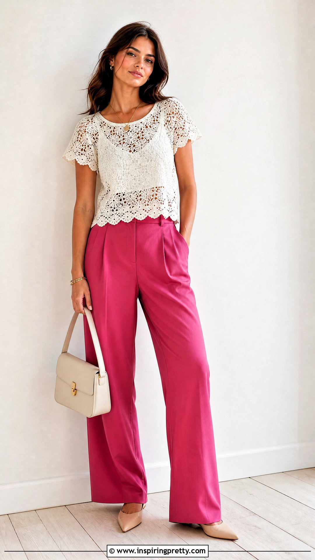 White Crochet Top With Pink Trousers Outfit - 20 white crochet top on wooden floor outfit ideas