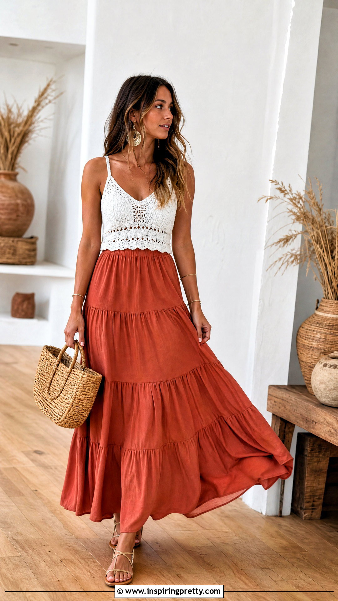 White Crochet Top With Tiered Maxi Skirt Outfit - 20 white crochet top on wooden floor outfit ideas