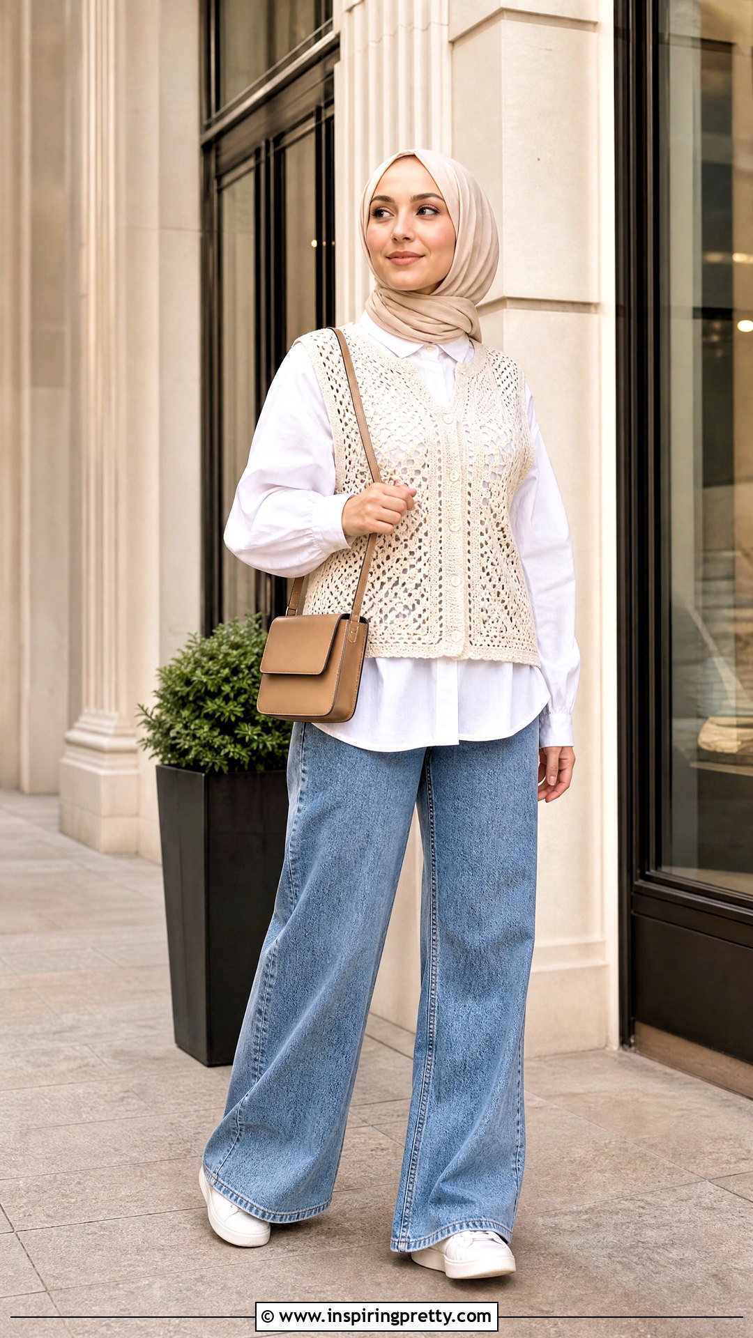 White Crochet Vest With Wide Leg Jeans - 25 crochet top hijabi outfit ideas