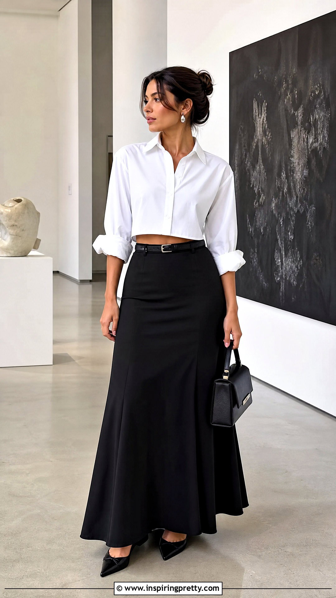 White Crop Shirt And Black Maxi Skirt Outfit - 50 Crop Top Skirt outfits