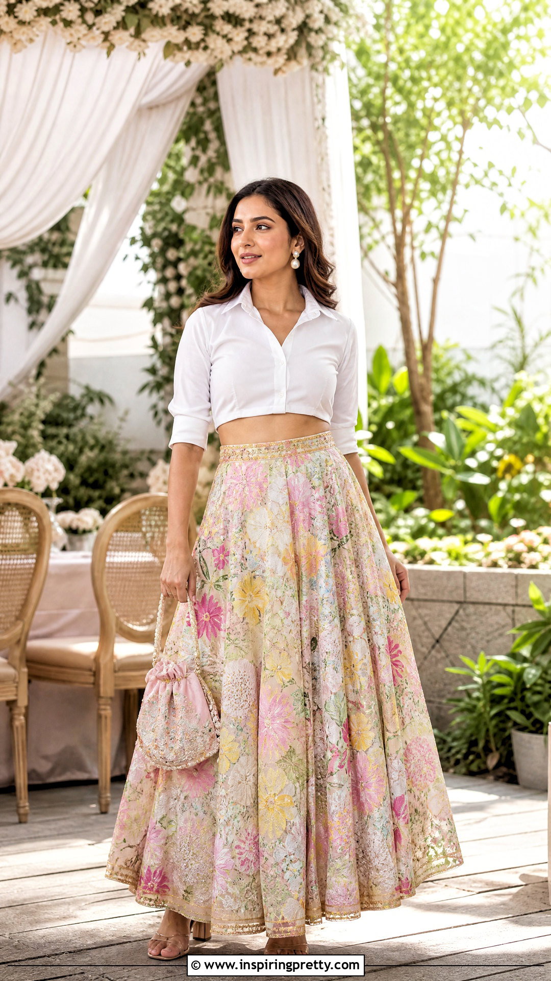 White Crop Shirt With Floral Lehenga Outfit - 25 shirt crop top lehenga outfit ideas