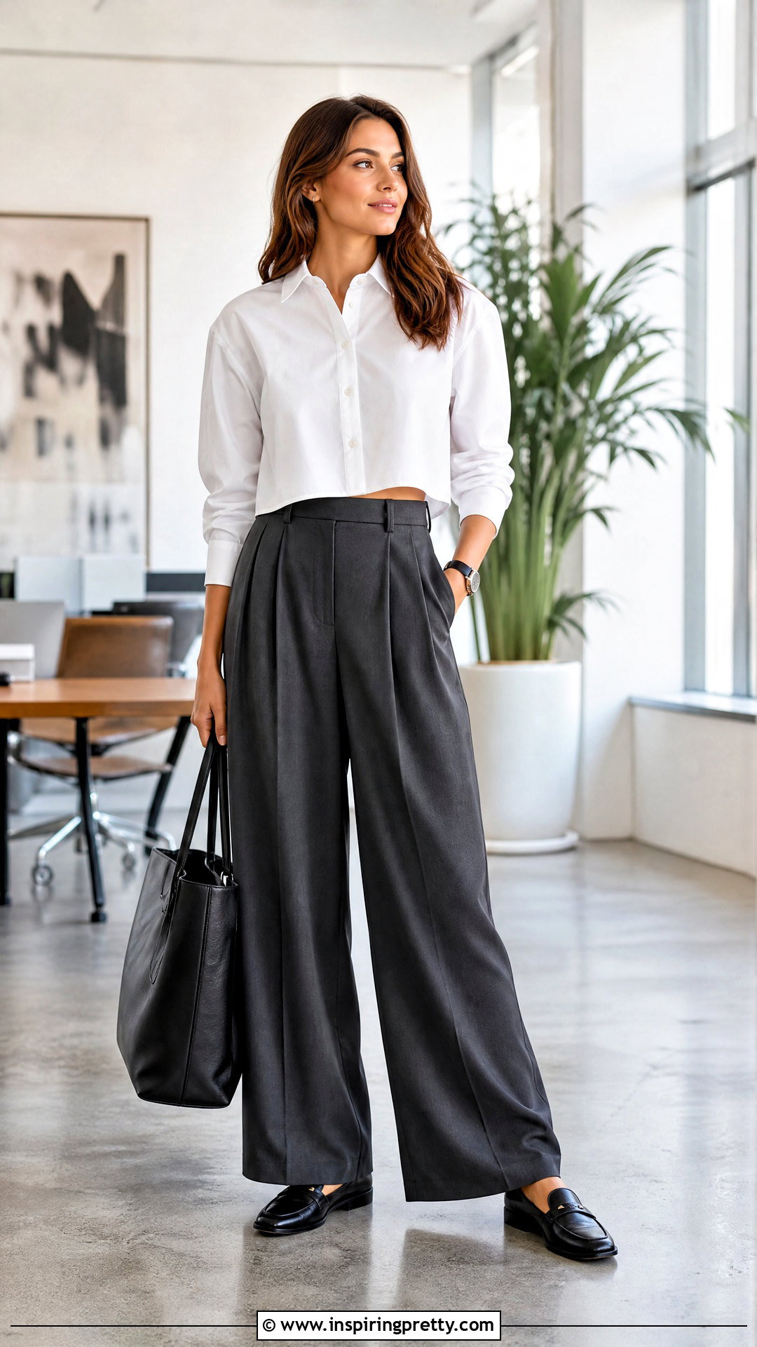White Crop Shirt With Pleated Trousers - 50 small top big pants outfit ideas
