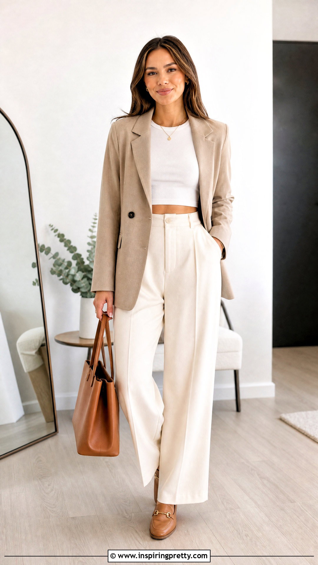 White Crop Top And Beige Blazer With Trousers - 20 crop top with blazer outfit ideas