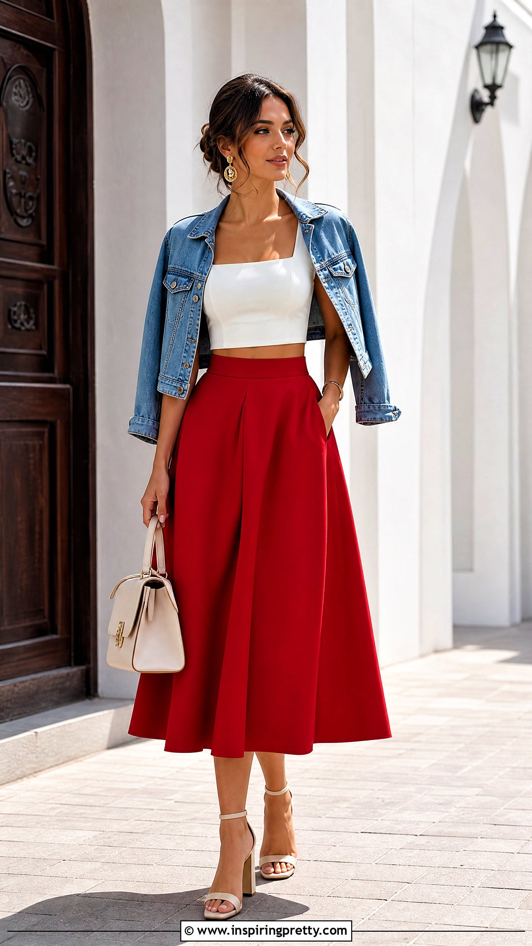 White Crop Top And Red Midi Skirt Outfit - 50 Crop Top Skirt outfits
