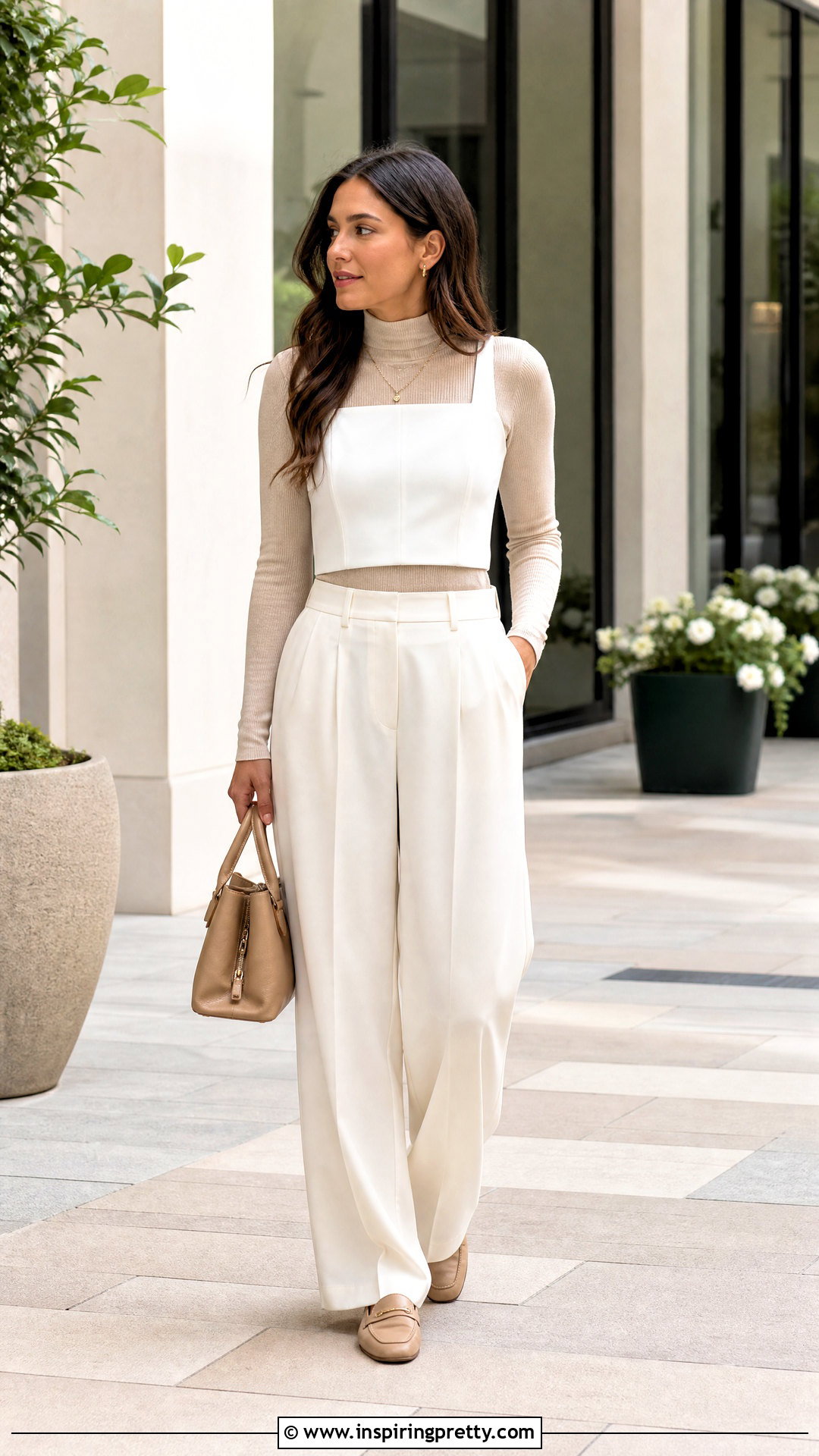 White Crop Top Over Beige Turtleneck With Tailored Pants - 25 Crop Top Over Turtleneck outfit ideas