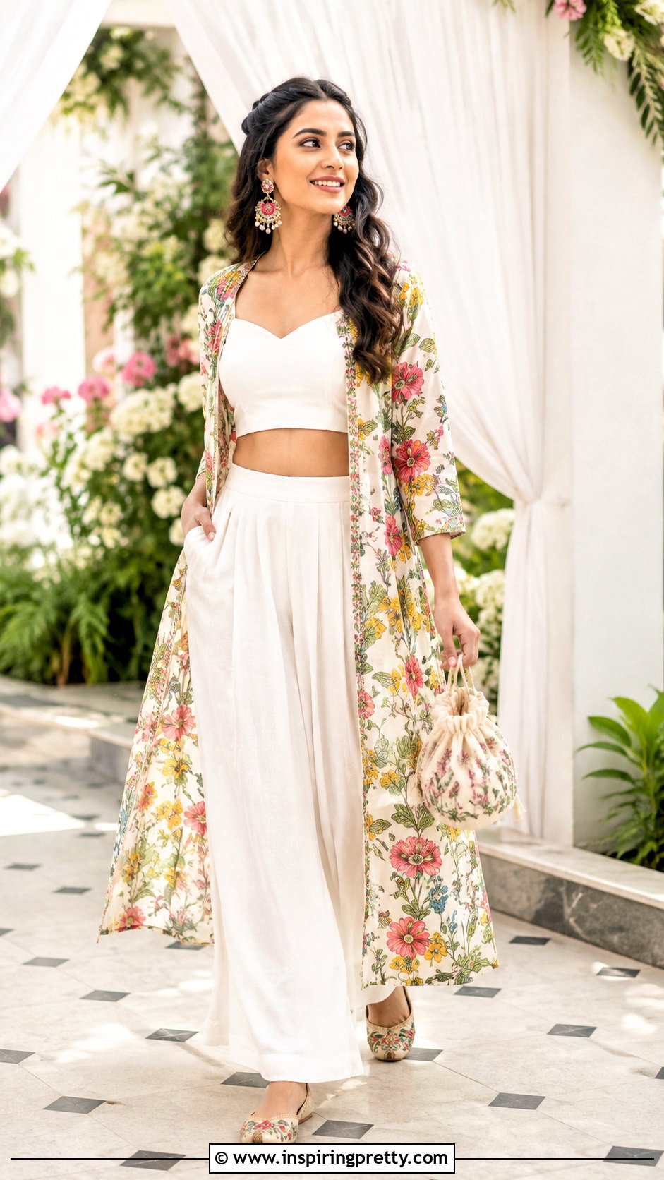 White Crop Top Palazzo With Printed Floral Jacket - 25 crop top palazzo with jacket indian outfit ideas