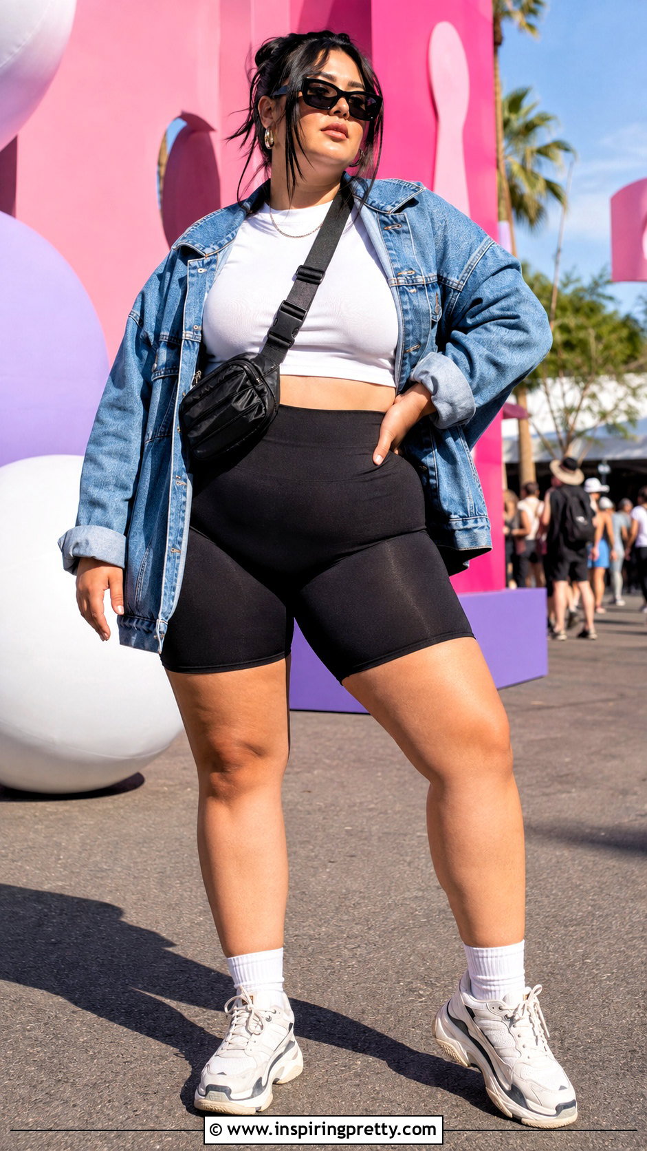 White Crop Top With Bike Shorts and a Denim Jacket - 25 White Crop Top Outfit Plus Size Ideas
