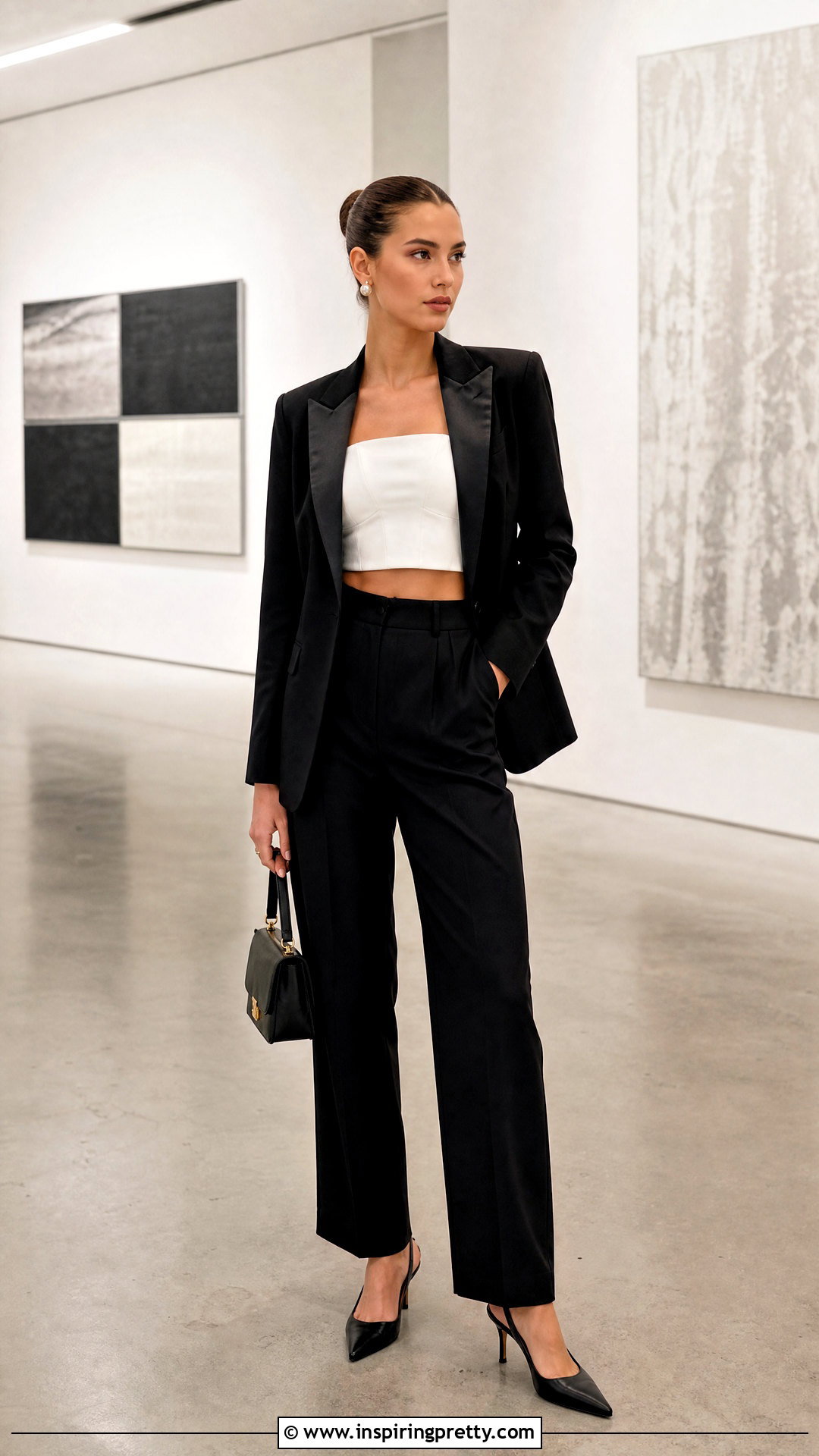 White Crop Top With Black Tailored Pants - 20 crop top formal outfit ideas