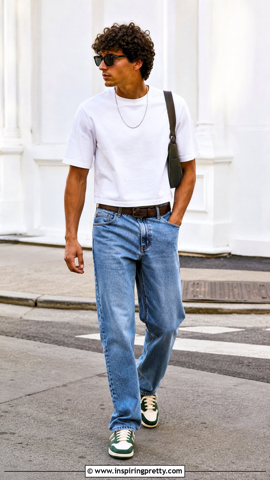 White Crop Top With Blue Jeans And Retro Sneakers - 20 men’s crop tops outfit ideas