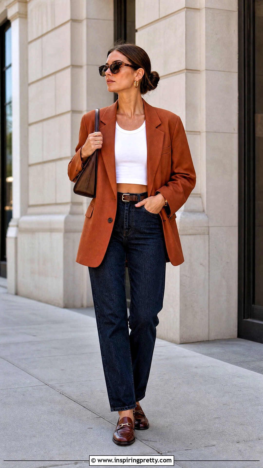 White Crop Top With Burnt Orange Blazer Outfit - 20 white and orange crop top outfit ideas