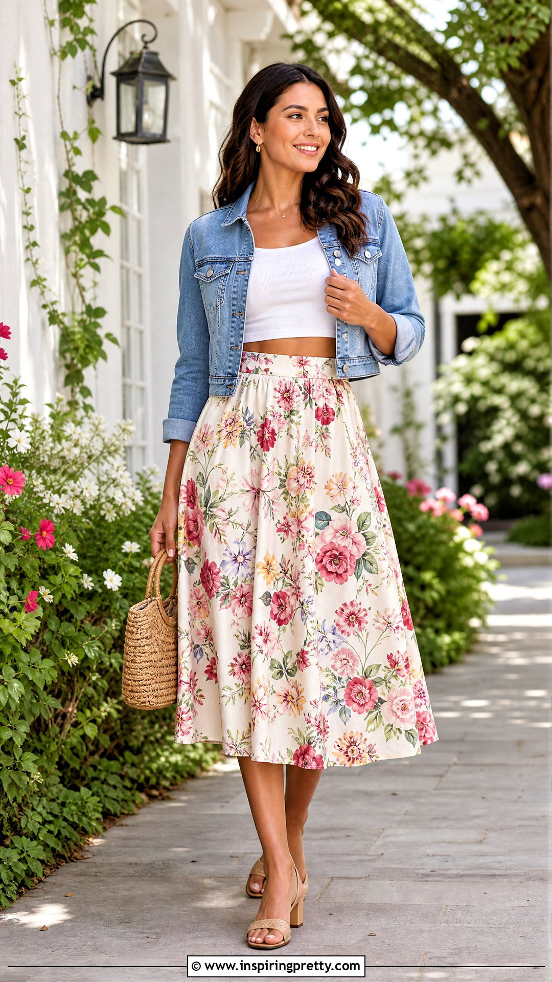 White Crop Top With Floral Midi Skirt - 50 white crop top outfit ideas