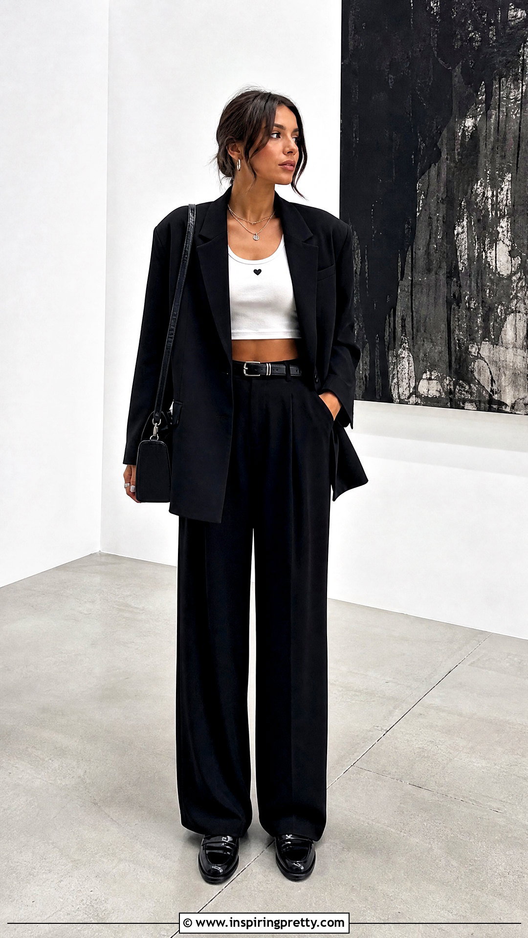 White Crop Top With Heart Design And Black Wide Leg Pants - 20 White Crop Top With Heart Design outfit ideas