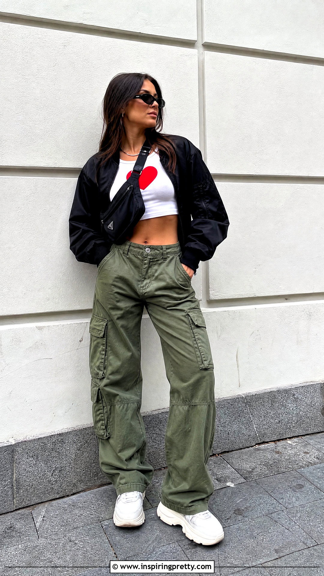White Crop Top With Heart Design And Olive Cargo Pants - 20 White Crop Top With Heart Design outfit ideas