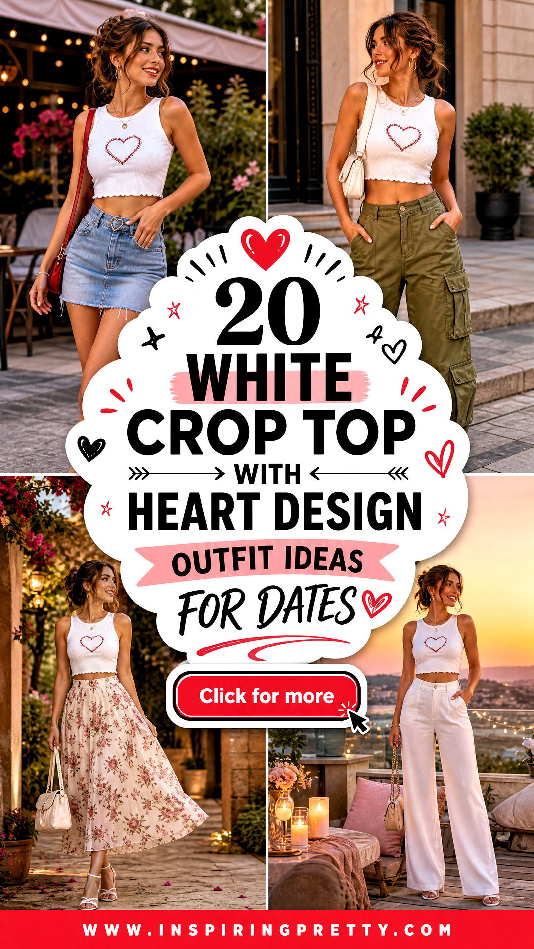 20 White Crop Top With Heart Design Outfit Ideas for Dates - 20 White Crop Top With Heart Design Outfit Ideas for Dates