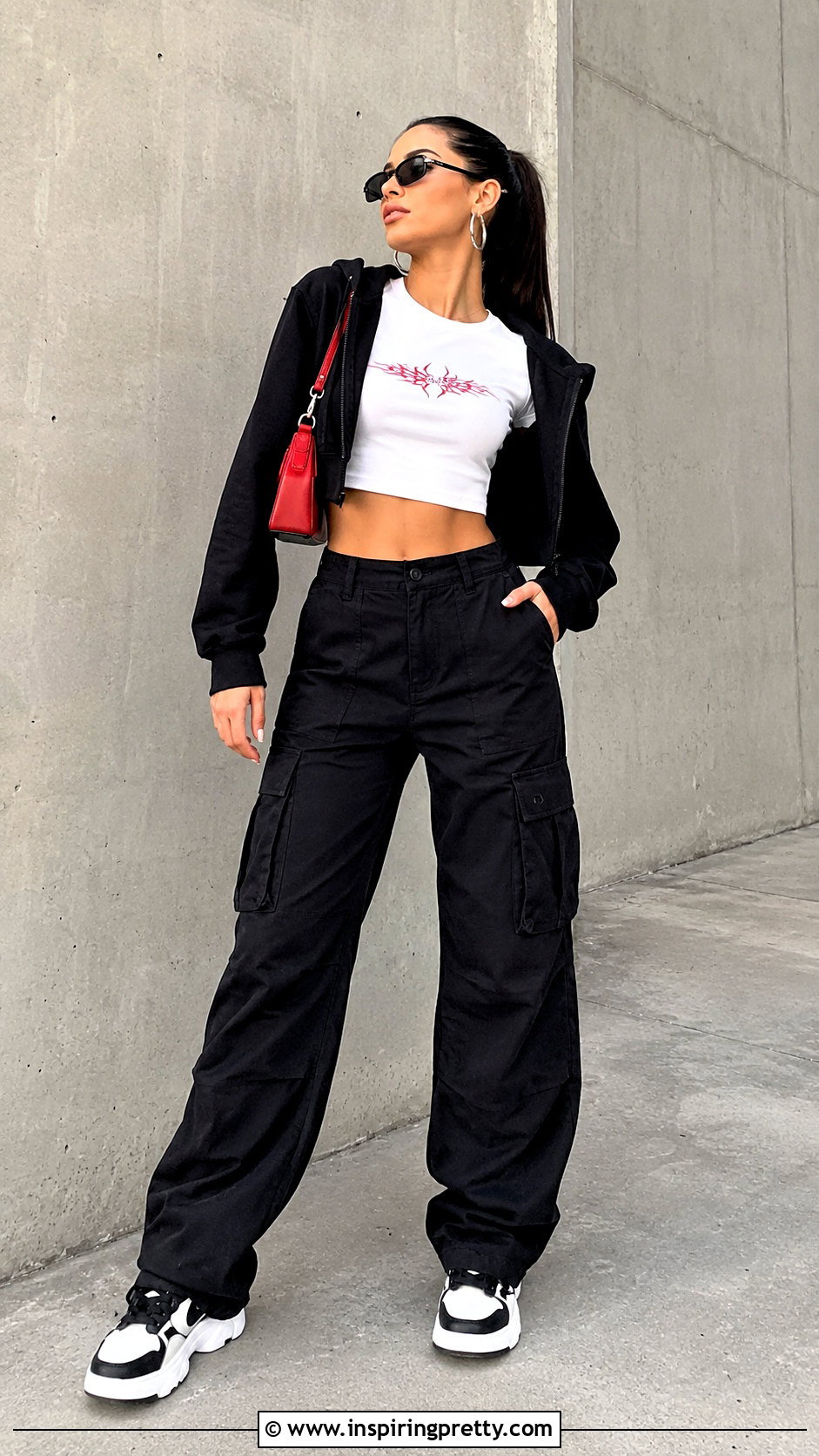 White Crop Top With Red Writing And Black Cargo Pants - 25 White Crop Top With Red Writing outfit ideas