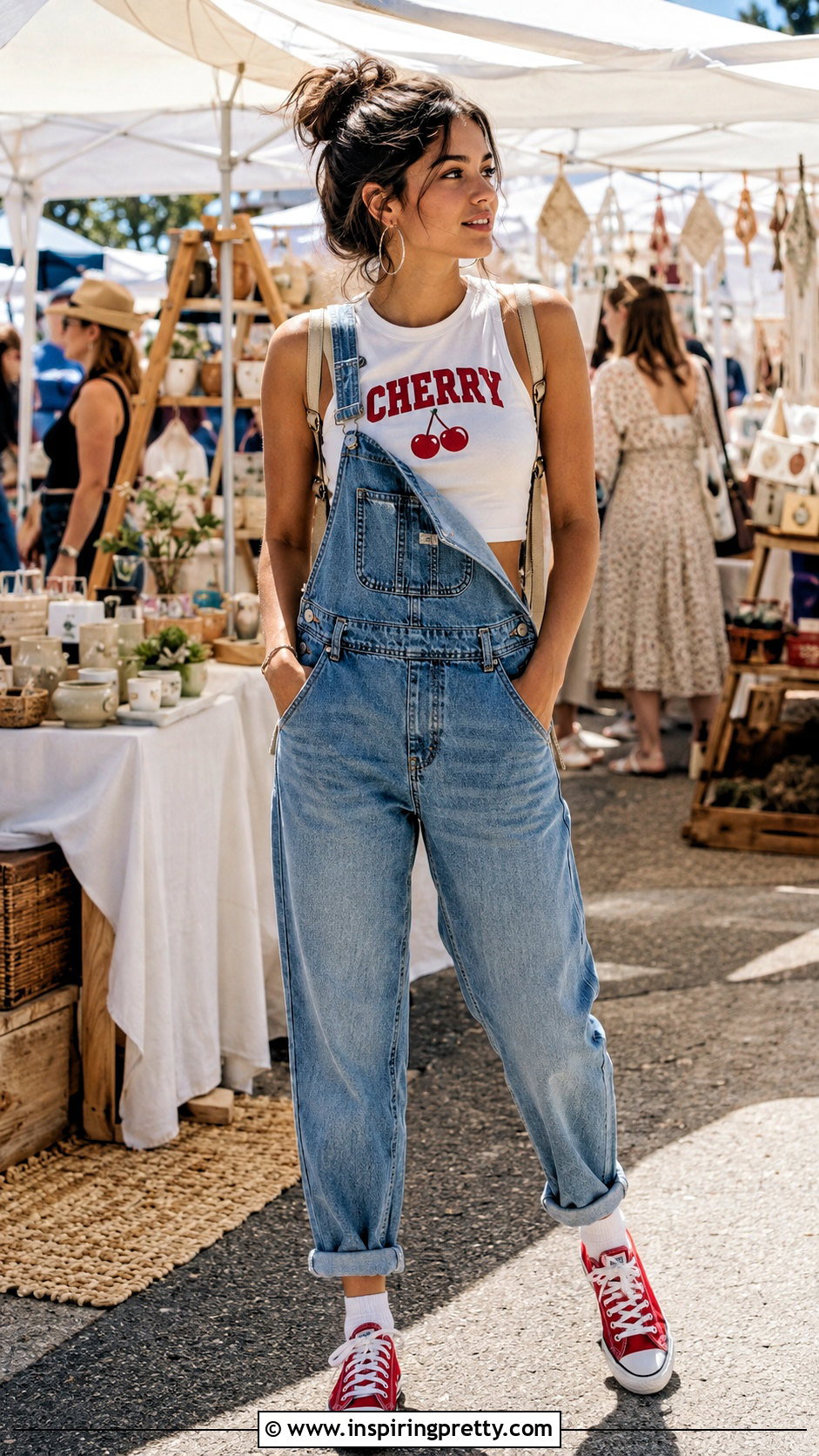 White Crop Top With Red Writing And Denim Overalls - 25 White Crop Top With Red Writing outfit ideas