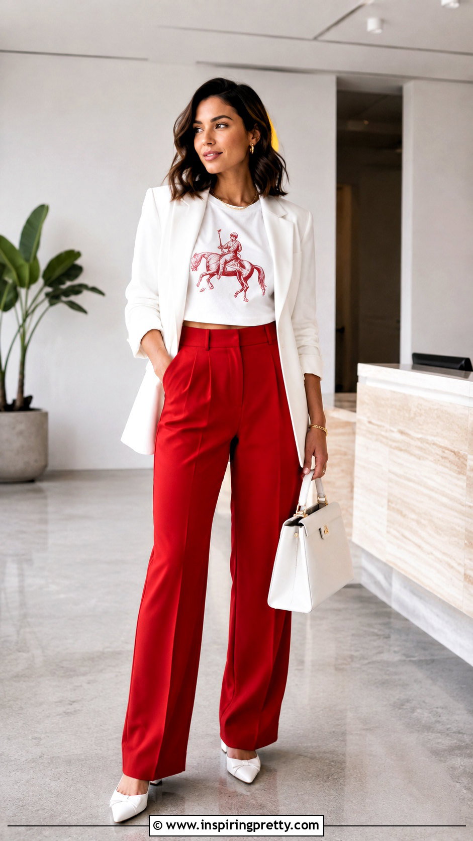 White Crop Top With Red Writing And Red Tailored Trousers - 25 White Crop Top With Red Writing outfit ideas
