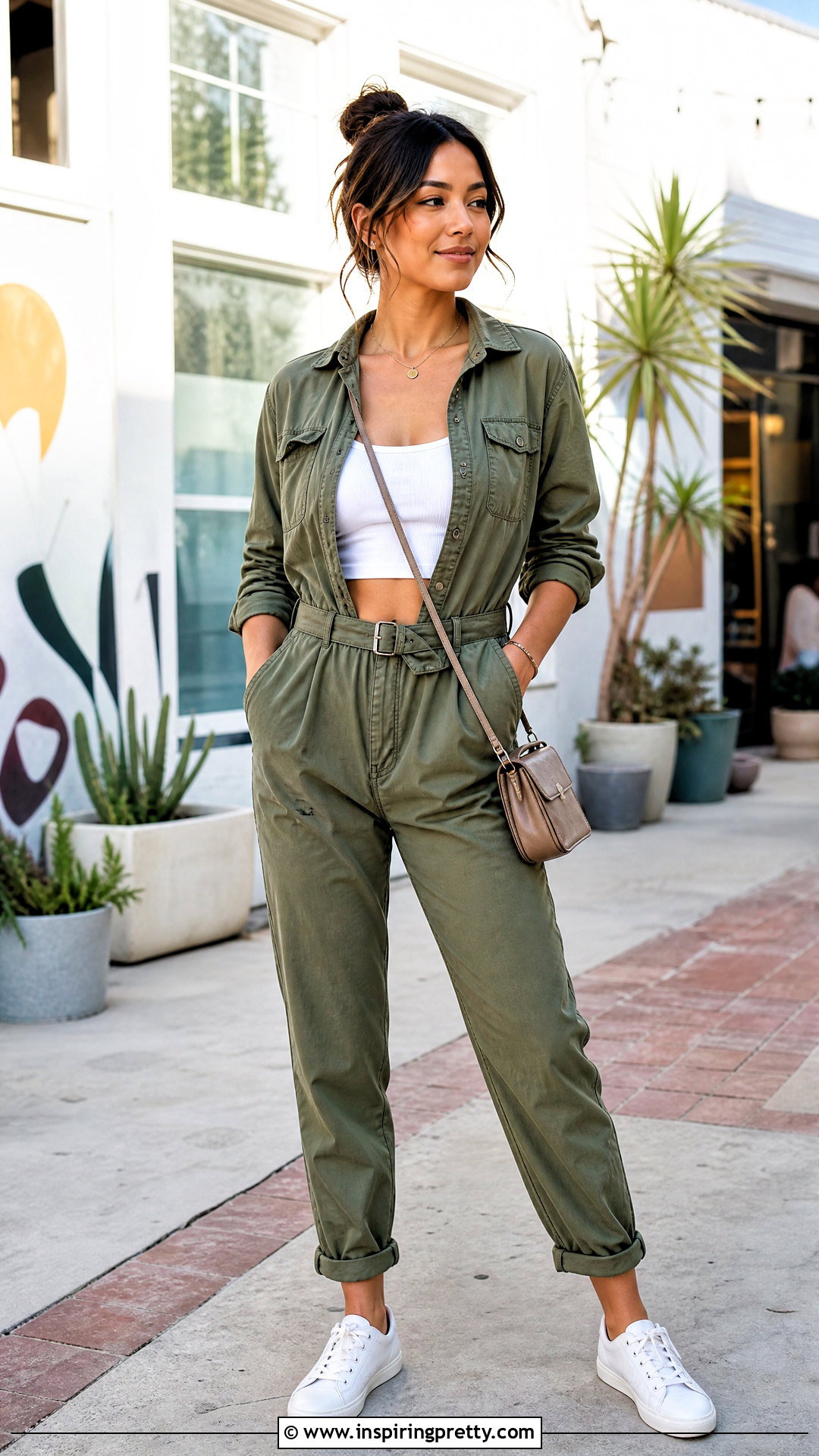 White Crop Top With Utility Jumpsuit - 50 white crop top outfit ideas