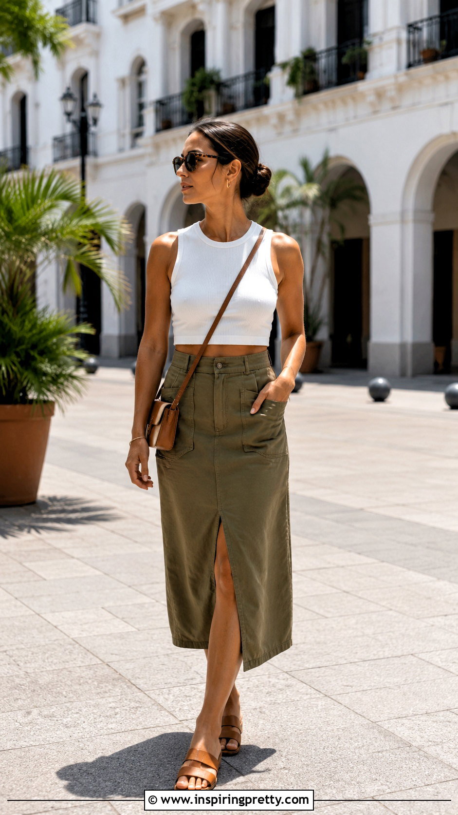White Crop Top With Utility Midi Skirt - 20 Minimalist White Crop Top outfit ideas
