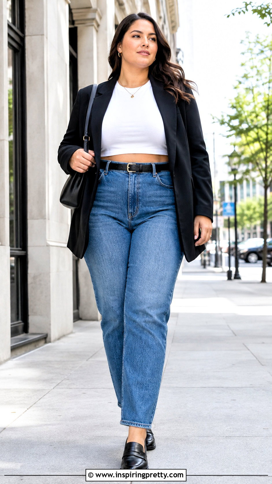 White Crop Top With a Black Blazer and Jeans - 25 White Crop Top Outfit Plus Size Ideas