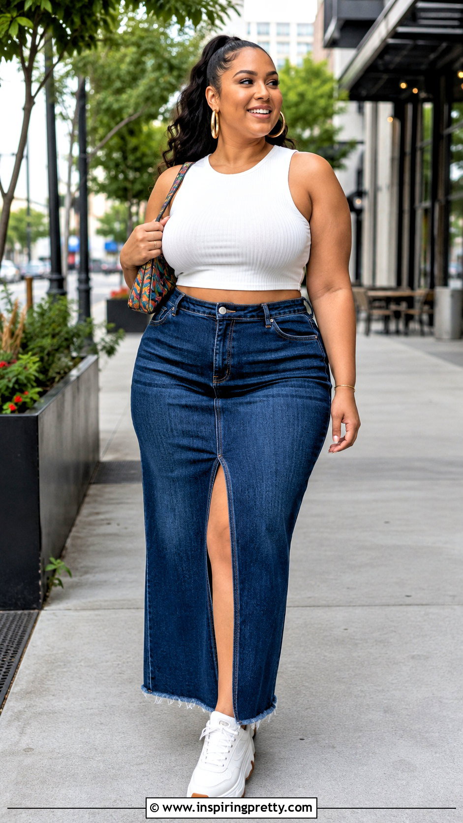 White Crop Top With a Denim Maxi Skirt - 25 White Crop Top Outfit Plus Size Ideas