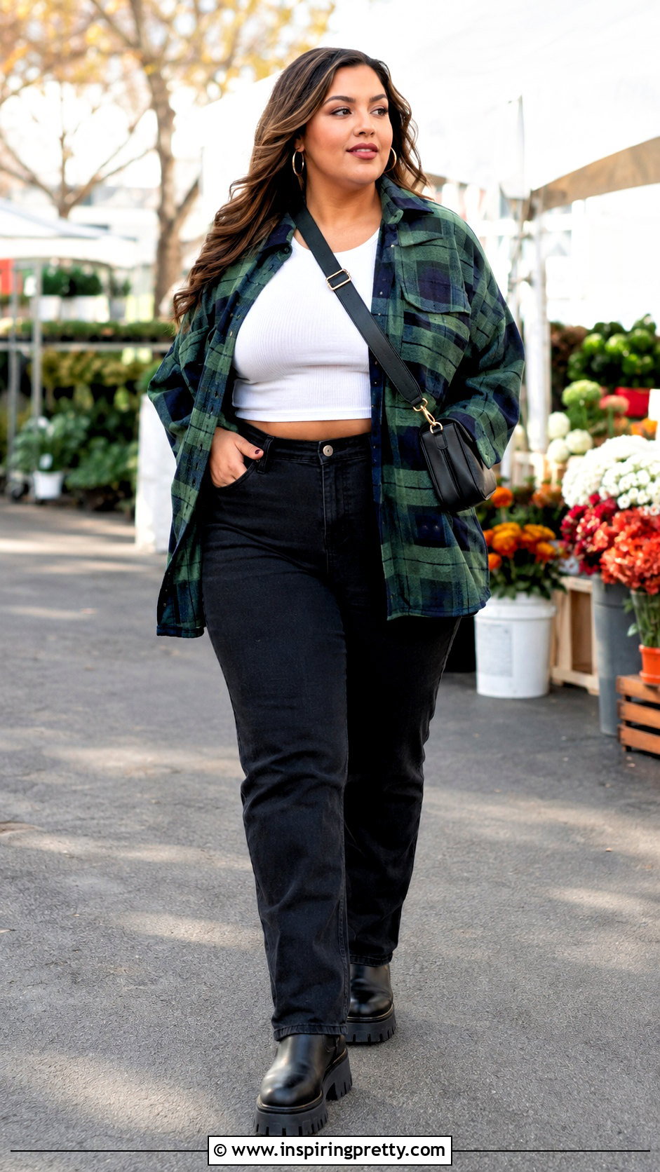 White Crop Top With a Plaid Shacket and Jeans - 25 White Crop Top Outfit Plus Size Ideas