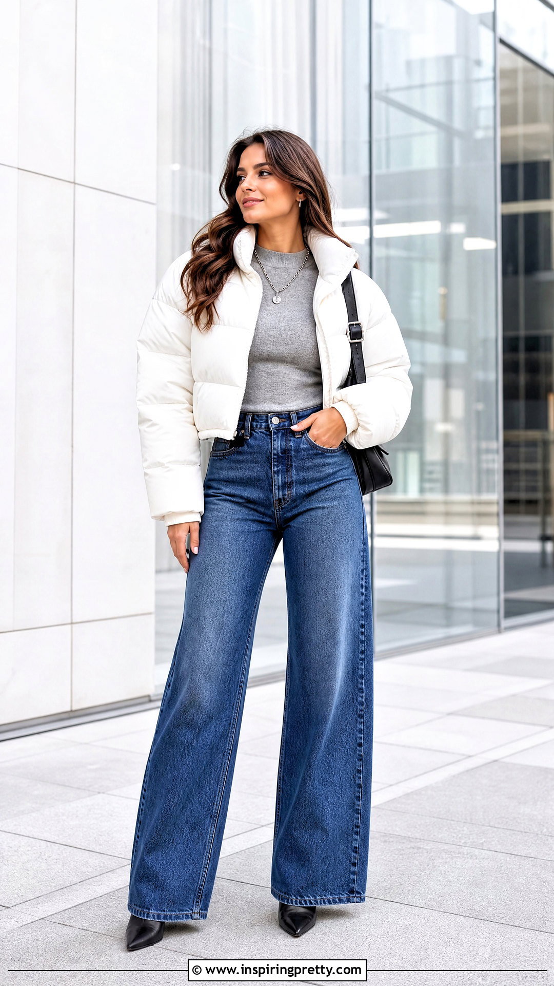 White Cropped Puffer With Wide Leg Jeans - 25 crop top puffer outfit ideas