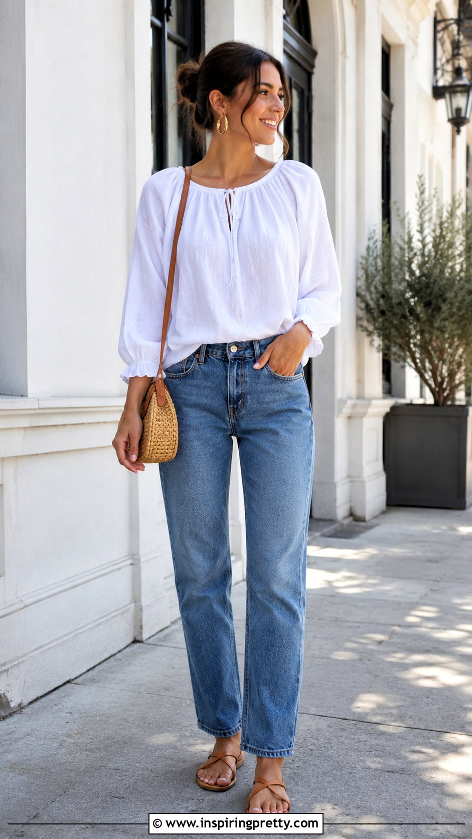 White DIY Peasant Top With Straight Leg Jeans - 20 easy diy peasant top outfit ideas