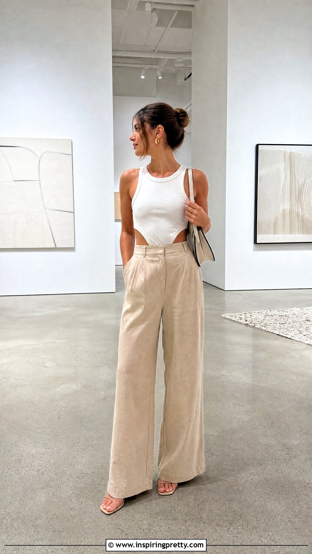 White DIY Side Cutout Tank With Wide Leg Trousers - 20 diy cutout top outfit ideas