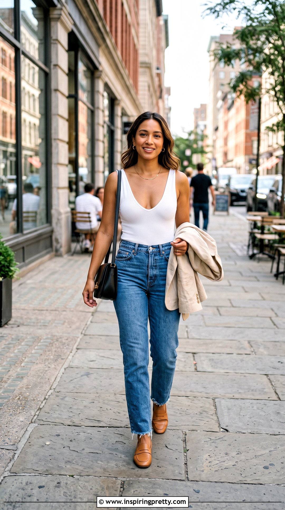 White Deep Neck Bodysuit With Straight Leg Jeans - 50 deep neck tops outfit ideas