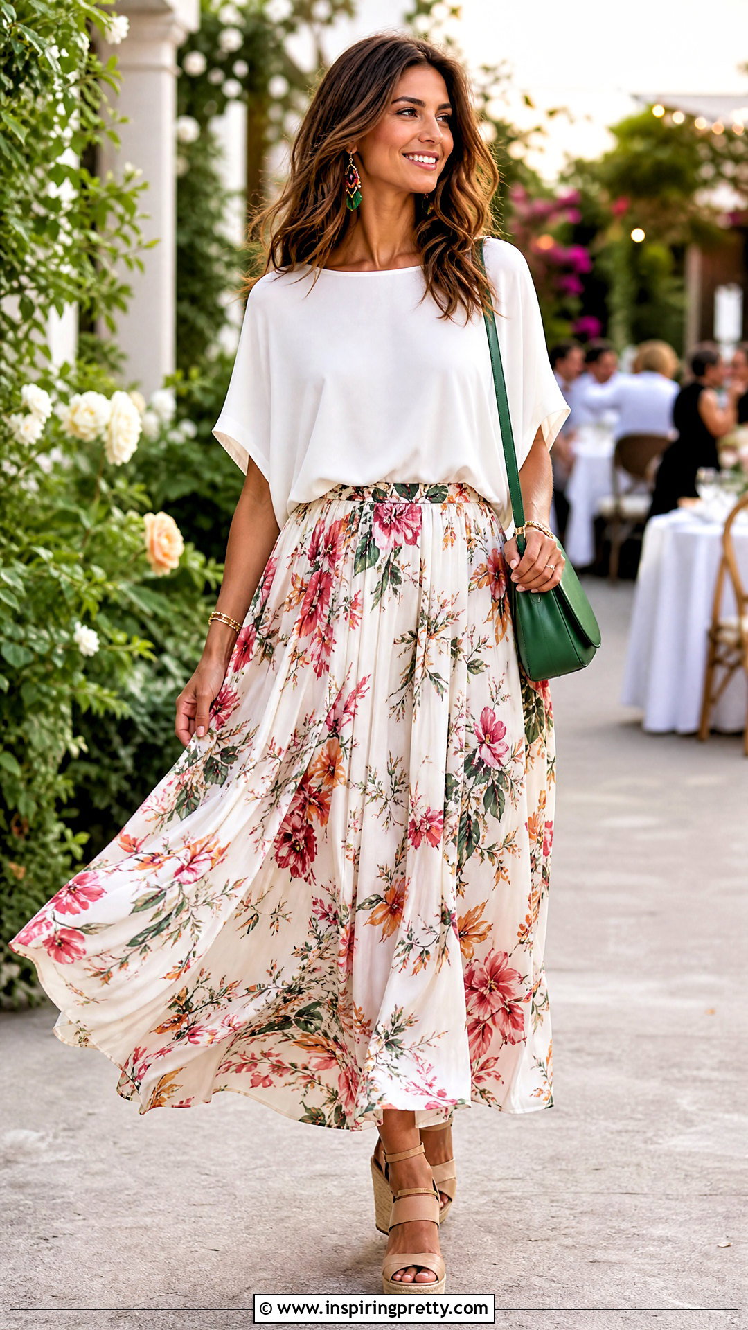 White Dolman Top With Printed Maxi Skirt - 20 white dolman top outfit ideas