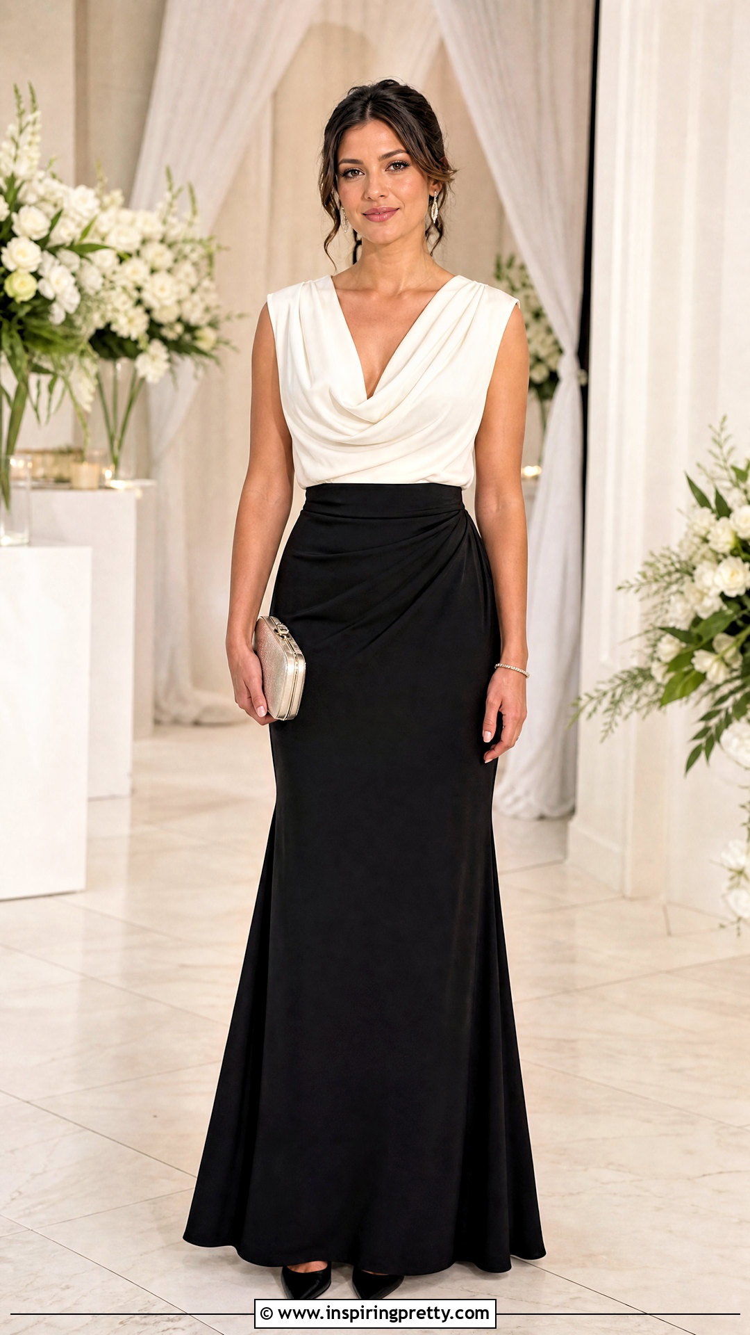 White Draped Top With Black Formal Skirt - 50 white top black bottom outfit ideas