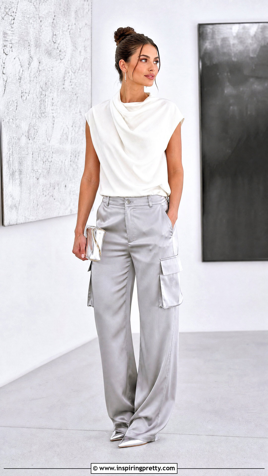 White Draped Top With Satin Cargo Pants - 20 kim kardashian white top outfit ideas