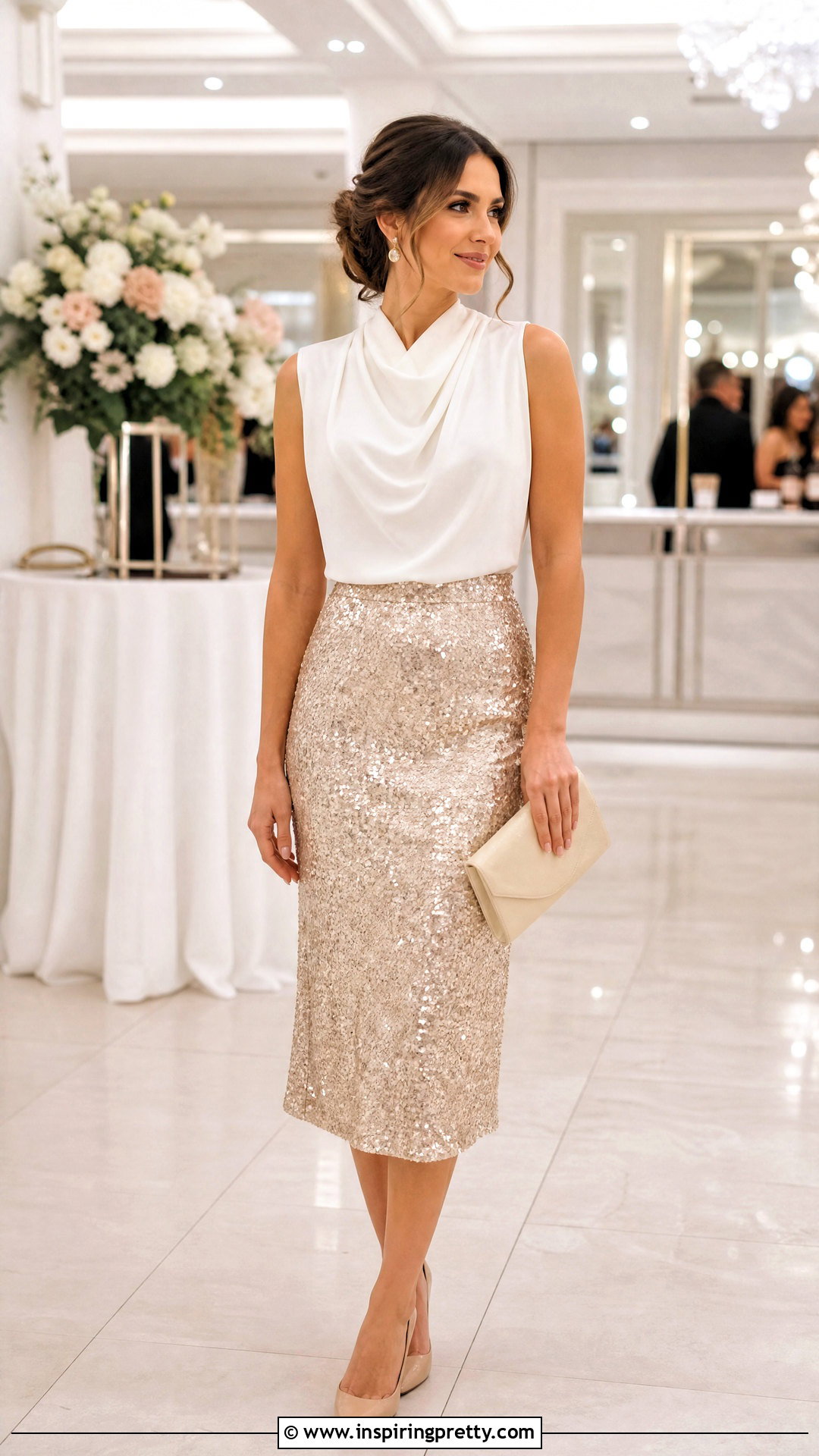 White Draped Top With Sequin Midi Skirt - 50 classy white top outfits