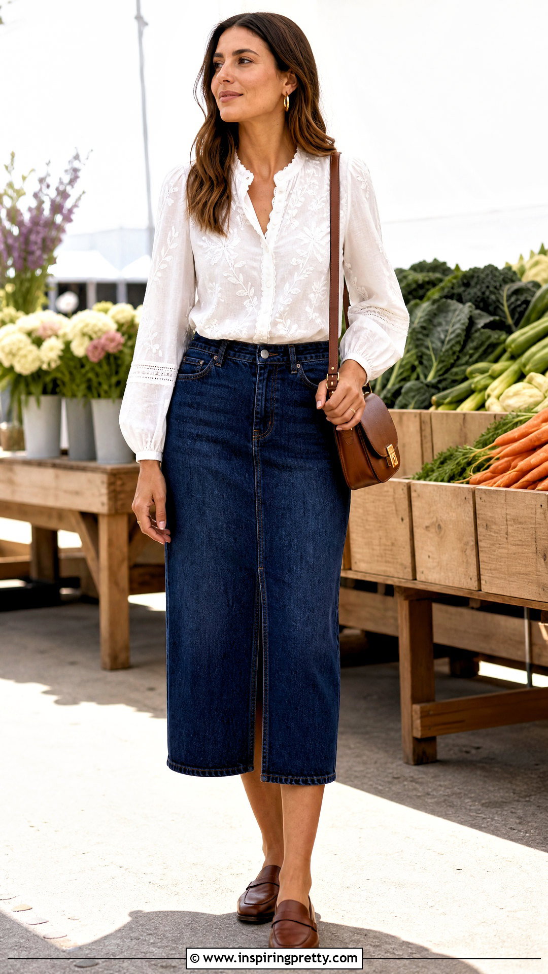 White Embroidered Blouse With Denim Midi Skirt - 50 classy white top outfits