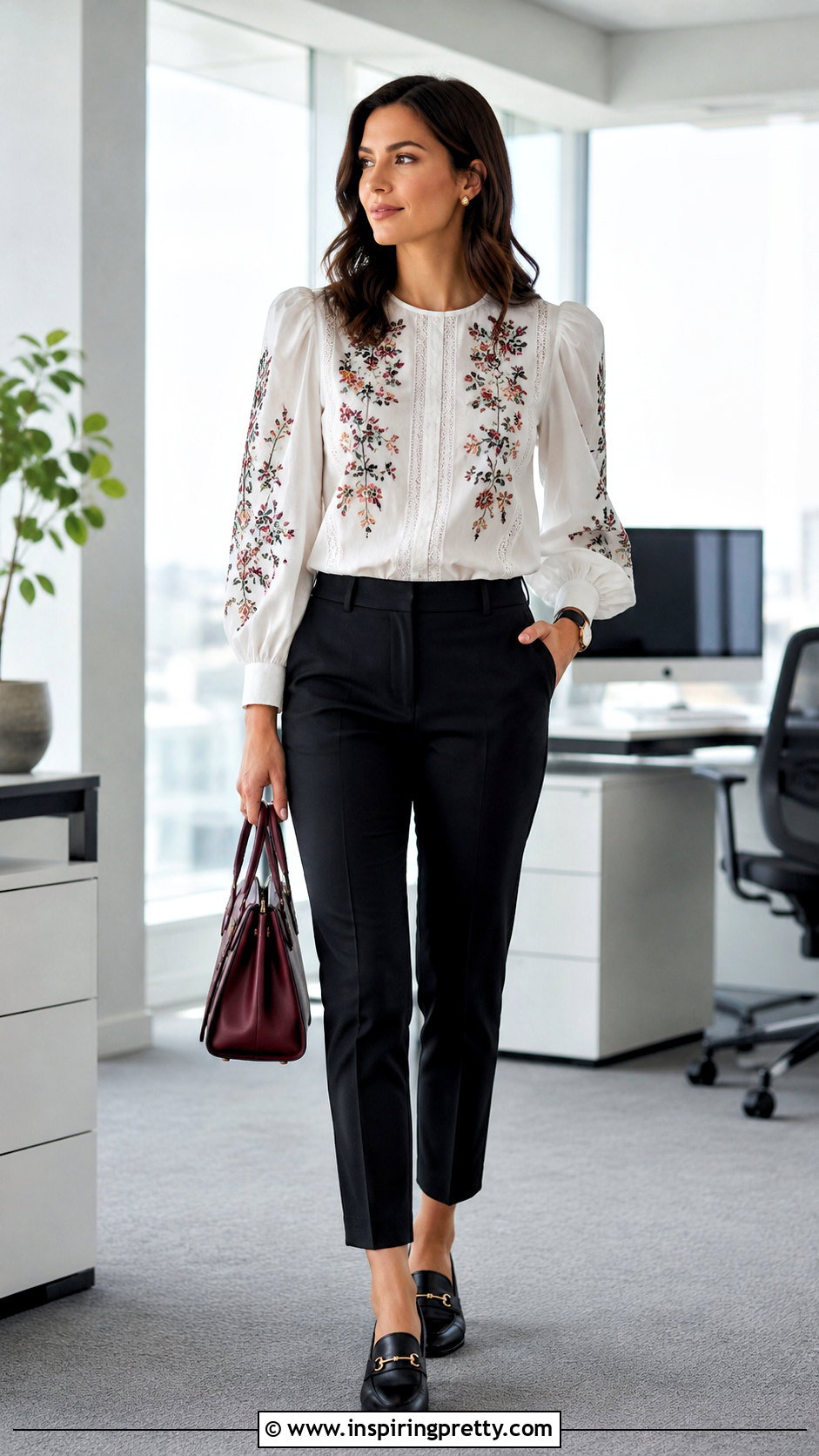 White Embroidered Floral Top With Black Trousers - 20 White Top With Embroidered Flowers