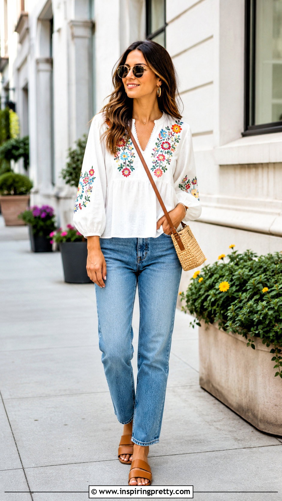 White Embroidered Floral Top With Blue Jeans - 20 White Top With Embroidered Flowers