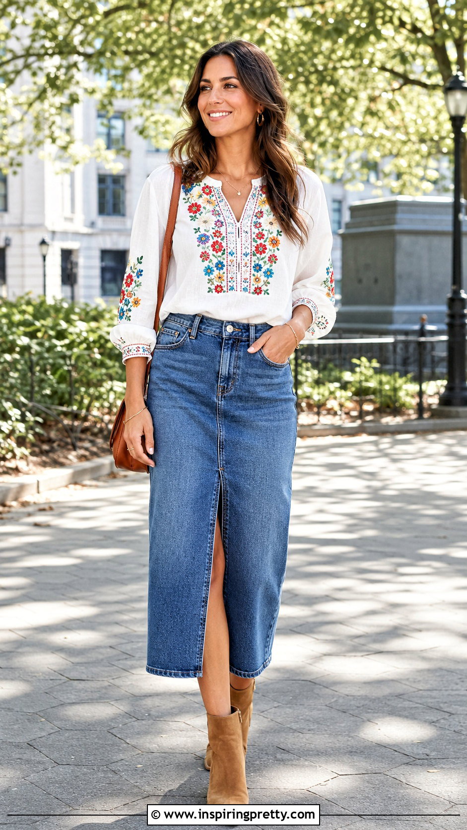 White Embroidered Floral Top With Denim Midi Skirt - 20 White Top With Embroidered Flowers